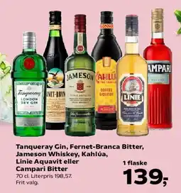 SuperBrugsen Tanqueray Gin, Fernet-Branca Bitter, Jameson Whiskey, Kahlúa, Linie Aquavit eller Campari Bitter tilbud