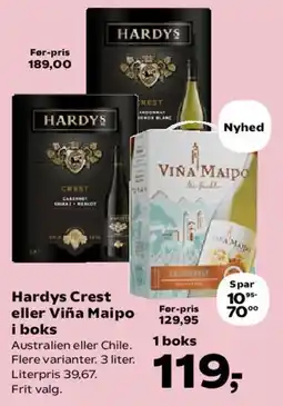 Kvickly Hardys Crest eller Viña Maipo i boks tilbud