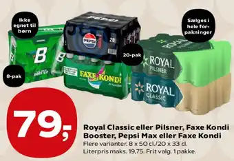 Kvickly Royal Classic eller Pilsner, Faxe Kondi Booster, Pepsi Max eller Faxe Kondi tilbud