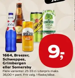 Kvickly 1664, Breezer, Schweppes, Grimbergen eller Somersby tilbud