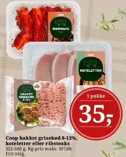 Dagli'Brugsen Coop hakket grisekød 8-12%, koteletter eller ribsteaks tilbud