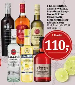 Dagli'Brugsen Assorted spirits (Enkelt Bitter, Grant's, Brøndums, Bacardi, Ramazzotti, Råstoff) tilbud