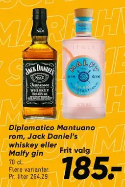 Bilka Diplomático Mantuano rom, Jack Daniel's whiskey eller Malfy gin tilbud