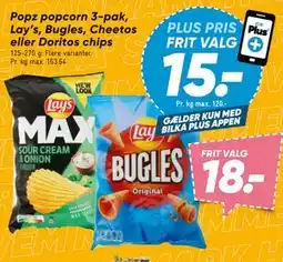 Bilka Popz popcorn 3-pak, Lay’s, Bugles, Cheetos eller Doritos chips tilbud