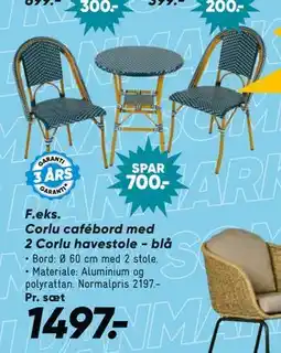 Bilka Corlu cafébord med 2 Corlu havestole - blå tilbud