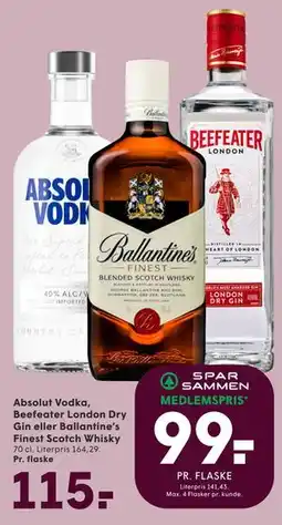 SPAR Absolut Vodka, Beefeater London Dry Gin eller Ballantine’s Finest Scotch Whisky tilbud