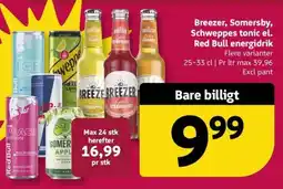Løvbjerg Breezer, Somersby, Schweppes tonic el. Red Bull energidrik tilbud