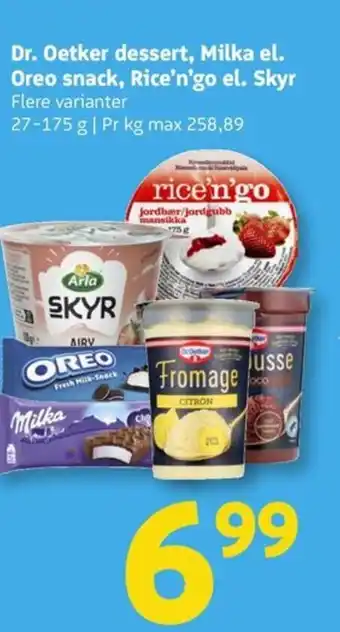 Løvbjerg Dr. Oetker dessert, Milka el. Oreo snack, Rice'n'go el. Skyr tilbud