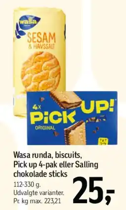 Føtex Wasa runda, biscuits, Pick Up 4-pak eller Salling chokolade sticks tilbud