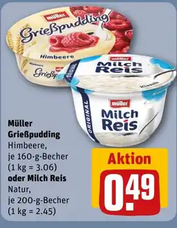 REWE DE Müller Grießpudding Himbeere oder Milch Reis tilbud