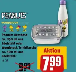 REWE DE Peanuts Brotdose ca. 850 ml aus Edelstahl oder Woodstock Trinkflasche ca. 500 ml aus Edelstahl tilbud