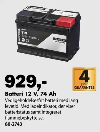 Biltema Batteri 12 V, 74 Ah tilbud