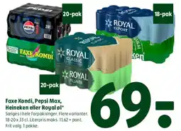 Coop 365 Faxe Kondi, Pepsi Max, Heineken eller Royal (pakker) tilbud