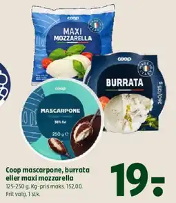 Coop 365 Coop mascarpone, burrata eller maxi mozzarella tilbud