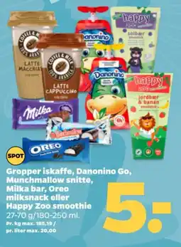 Netto Gropper iskaffe, Danonino Go, Munchmallow snitte, Milka bar, Oreo milksnack eller Happy Zoo smoothie tilbud