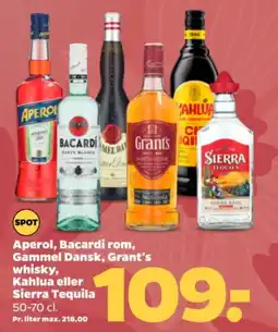 Netto Aperol, Bacardi rom, Gammel Dansk, Grant's whisky, Kahlua eller Sierra Tequila tilbud