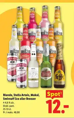 Lidl Blonde, Stella Artois, Mokaï, Smirnoff Ice eller Breezer tilbud