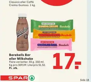 SPAR Barebells Bar eller Milkshake tilbud