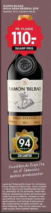 MENY RAMÓN BILBAO RIOJA GRAN RESERVA 2016 tilbud