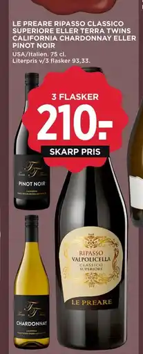 MENY LE PREARE RIPASSO CLASSICO SUPERIORE ELLER TERRA TWINS CALIFORNIA CHARDONNAY ELLER PINOT NOIR tilbud