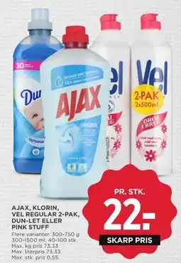 MENY AJAX, KLORIN, VEL REGULAR 2-PAK, DUN-LET ELLER PINK STUFF tilbud