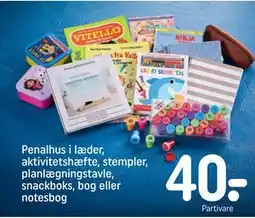 REMA 1000 Penalhus i læder, aktivitetshæfte, stempler, planlægningstavle, snackboks, bog eller notesbog tilbud