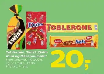 Coop 365 Toblerone, Twist, Daim mini og Marabou Smil tilbud
