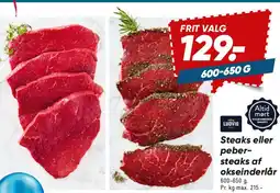 Bilka Steaks eller peber-steaks af okseinderlår tilbud