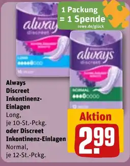 REWE DE Always Discreet Inkontinenz- Einlagen oder Discreet Inkontinenz-Einlagen tilbud