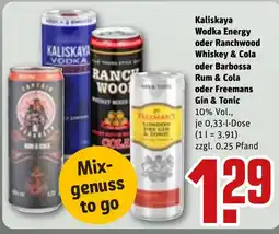 REWE DE Kaliskaya Wodka Energy oder Ranchwood Whiskey & Cola oder Barbossa Rum & Cola oder Freemans Gin & Tonic tilbud