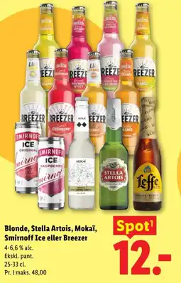Lidl Blonde, Stella Artois, Mokaï, Smirnoff Ice eller Breezer tilbud