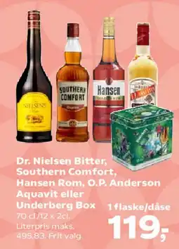 SuperBrugsen Dr. Nielsen Bitter, Southern Comfort, Hansen Rom, O.P. Anderson Aquavit eller Underberg tilbud