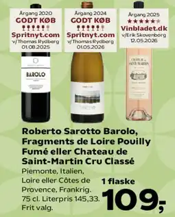 Kvickly Roberto Sarotto Barolo, Fragments de Loire Pouilly Fumé eller Château de Saint-Martin Cru Classé tilbud