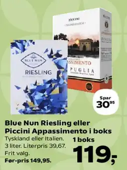 Kvickly Blue Nun Riesling eller Piccini Appassimento i boks tilbud
