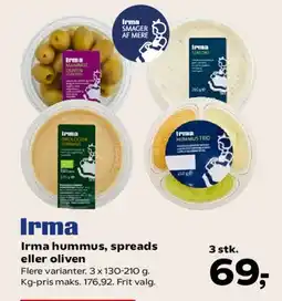 Kvickly Irma hummus, spreads eller oliven tilbud