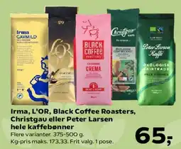 Kvickly Irma, L'OR, Black Coffee Roasters, Christgau eller Peter Larsen hele kaffebønner tilbud