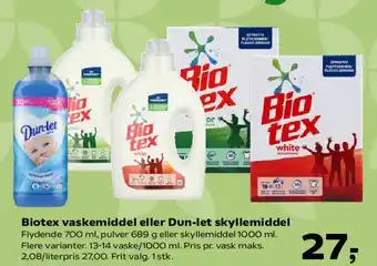 Kvickly Biotex vaskemiddel eller Dun-let skyllemiddel tilbud