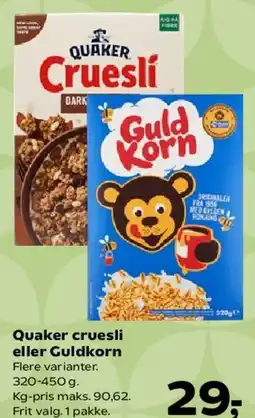 Kvickly Quaker cruesli eller Guldkorn tilbud