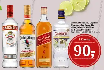 Smirnoff Vodka, Captain Morgan, Gordon's Gin eller Johnnie Walker Red Label Whisky
