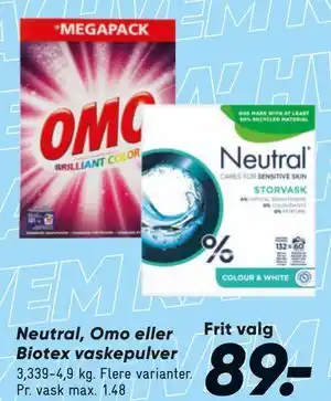 Bilka Neutral, Omo eller Biotex vaskepulver tilbud