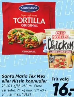 Bilka Santa Maria Tex Mex eller Nissin kopnudler tilbud