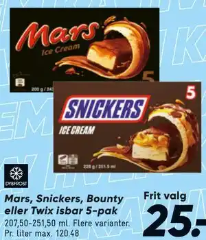 Bilka Mars, Snickers, Bounty eller Twix isbar 5-pak tilbud