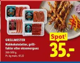 Lidl GRILLMESTER Nakkekoteletter, grillfakler eller oksemerguez tilbud