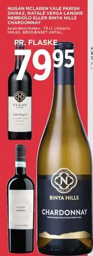 MENY Nugan McLaren Vale Parish Shiraz Natale Vervagli Langhe Nebbiolo Binya Hills Chardonnay tilbud