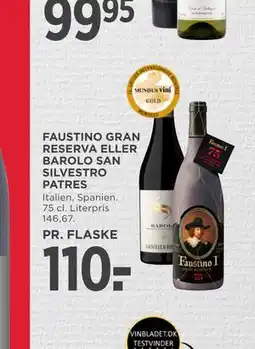 MENY FAUSTINO GRAN RESERVA ELLER BAROLO SAN SILVESTRO PATRES tilbud