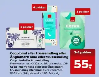 Kvickly Coop bind eller trusseindlæg eller Änglamark bind eller trusseindlæg tilbud