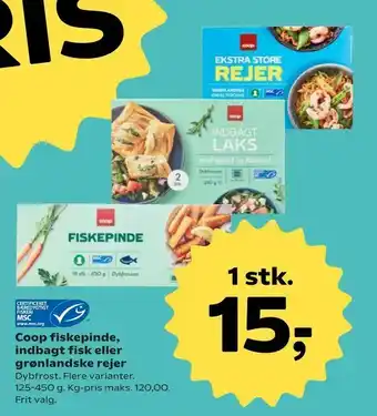 Kvickly Coop fiskepinde, indbagt fisk eller grønlandske rejer tilbud
