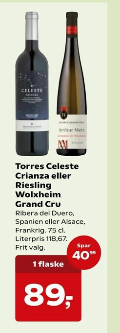 SuperBrugsen Torres Celeste Crianza eller Riesling Wolxheim Grand Cru tilbud