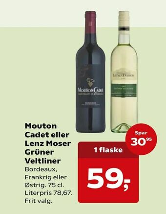SuperBrugsen Mouton Cadet eller Lenz Moser Grüner Veltliner tilbud