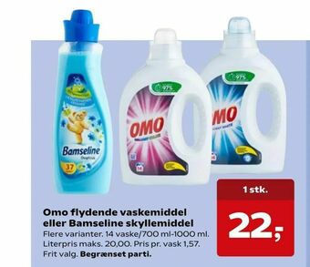 SuperBrugsen Omo flydende vaskemiddel eller Bamseline skyllemiddel tilbud